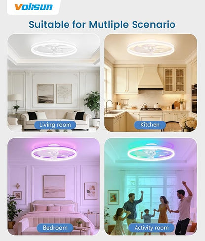 VOLISUN RGB Ceiling Fans with Lights and Remote, 23.6in Low Profile Ceiling Fans with Lights Flush Mount, 3000K-6500K Dimmable Fandelier LED Fan Light, White Bladeless Ceiling Fans for Bedroom