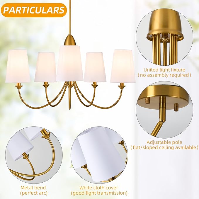 Gold Chandeliers for Dining Room,5-Light Farmhouse Dining Room Light Fixture with White Fabric Shade,30" Modern Industral Chandelier for Bedroom Foyer Living Room Kitchen.