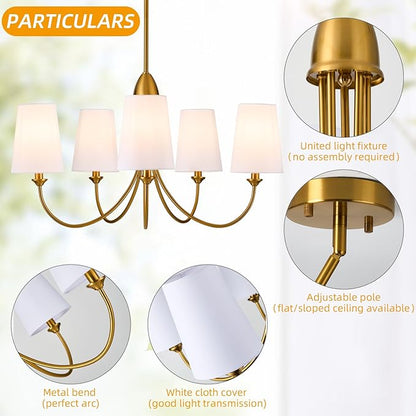 Gold Chandeliers for Dining Room,5-Light Farmhouse Dining Room Light Fixture with White Fabric Shade,30" Modern Industral Chandelier for Bedroom Foyer Living Room Kitchen.