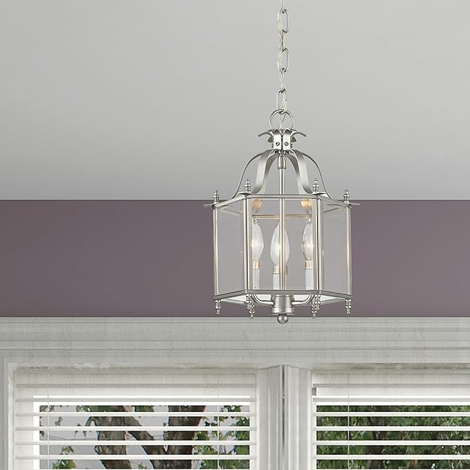 Livex Lighting 4403-91 Home Basics 3 Light Brushed Nickel Hanging Lantern or Flush Mount Chandelier with Clear Beveled Glass
