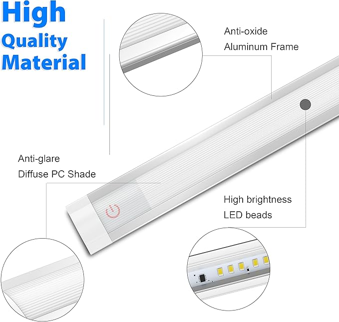 MYPLUS Under Cabinet Lights, 12" Touch Activated and Dimmable Aluminum LED Bar for Kitchen, Workbench and Desk, Warm White 3000K, Plug-in, Sliver
