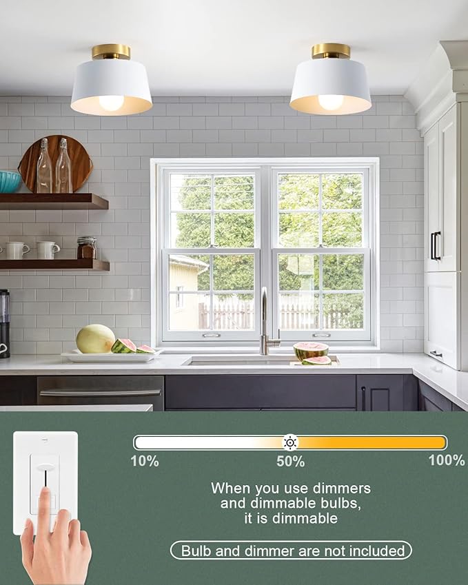 Ceiling Light Fixture, Hallway Ceiling Light with Gold Plate and White Shade, Modern Simple Style Porch Light Fixtures Semi Flush Mount (3 Pack White)
