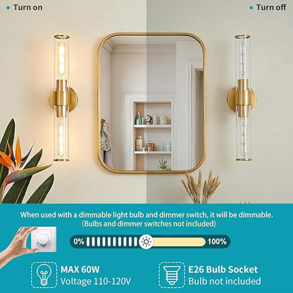 Gold Wall Sconce 2 Pack Hardwired, Bathroom Light Fixtures Clear Glass Featuring Two E26 sockets, Vanity Lights Fixtures for Bathroom, Dimmable - Bulb Not Included, UL Certification