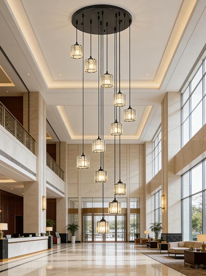 Long Chandeliers for High Ceilings,Modern Crystal Pendant Light,Raindrop Drop Lamp,Hanging Flush Mount Lighting Fixtures for Spiral Staircase,Foyer,Entryway,Living Room,Black (12 Lights)