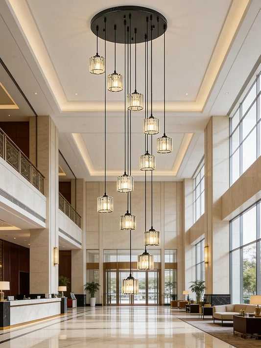 Long Chandeliers for High Ceilings,Modern Crystal Pendant Light,Raindrop Drop Lamp,Hanging Flush Mount Lighting Fixtures for Spiral Staircase,Foyer,Entryway,Living Room,Black (12 Lights)