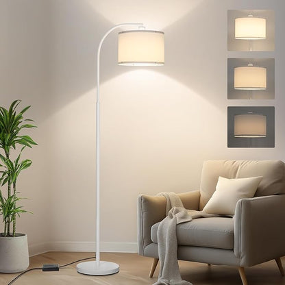 Floor lamps for Living Room, White Arc Floor Lamp with Stepless Dimmer, Modern Standing Lamp with Adjustable Drum Shade, Tall Pole Lamp for Bedroom Study Room Office, 9W 3000K LED Bulb Included