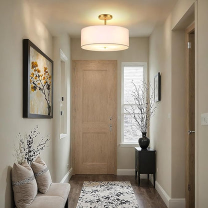 FRIDEKO HOME 3-Light Semi Flush Mount Ceiling Light Fixture, 15.74" Gold Drum Light, Modern Close to Ceiling Light with White Fabric Shade Lamps for Bedroom Living Room Kitchen Hallway Entryway Foyer