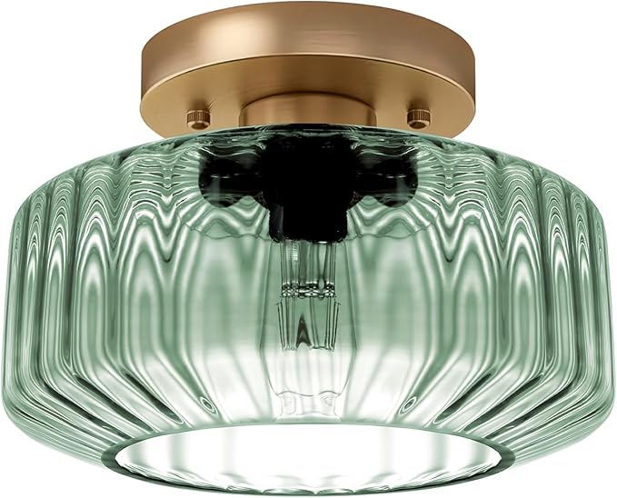 Sage Green Ribbed Glass Semi-Flush Mount Ceiling Light, 8.66" Mid-Century Modern Gold Light Fixture, E26 Base 1-Light Ceiling Lamp for Bedroom Bathroom Kitchen Hallway