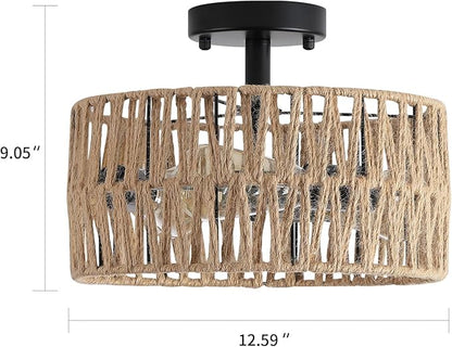 3-Light Coastal Woven Flush Mount Light Fixture Boho Rustic Hemp Rope Drum Semi Flush Mount Ceiling Light for Hallway Bedroom Kitchen Entryway Farmhouse Living Room, Black