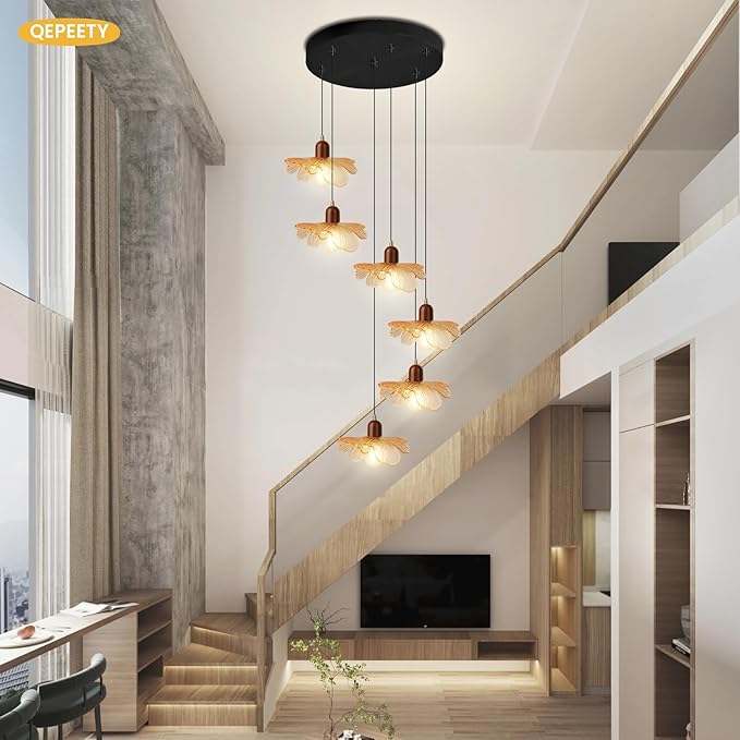 Modern Large Foyer Chandelier High Ceiling Light Fixture, 6-Lights Pendant Light Amber Glass Shade Solid Wood Decor Adjustable Black Hanging Ceiling Lamp for Living Room Bedroom Entryway