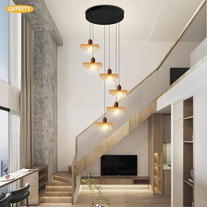 Modern Large Foyer Chandelier High Ceiling Light Fixture, 6-Lights Pendant Light Amber Glass Shade Solid Wood Decor Adjustable Black Hanging Ceiling Lamp for Living Room Bedroom Entryway
