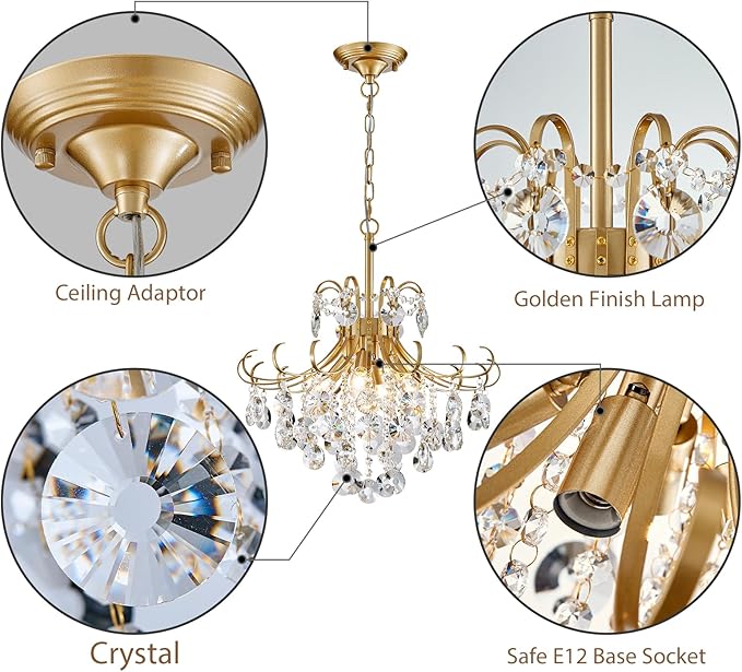 Gold Crystal Chandeliers for Dining Room, 4-Light Modern Crystal Light Fixture, Living Room Bedroom Pendant Ceiling Lamp, Luxury Hanging Light, H 17.7'' x W 18.1''