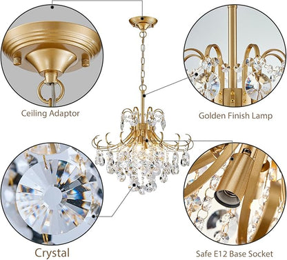 Gold Crystal Chandeliers for Dining Room, 4-Light Modern Crystal Light Fixture, Living Room Bedroom Pendant Ceiling Lamp, Luxury Hanging Light, H 17.7'' x W 18.1''