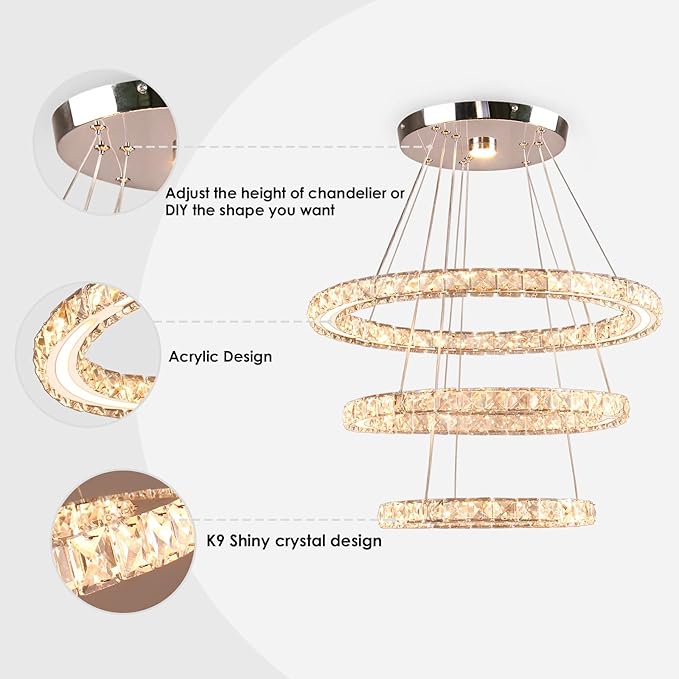 Modern LED Chandeliers Crystal Chandeliers Ceiling Light Three Rings Pendant Light with Acrylic for Bedroom Dinning Room Hallway(Warm White 30/40/50)