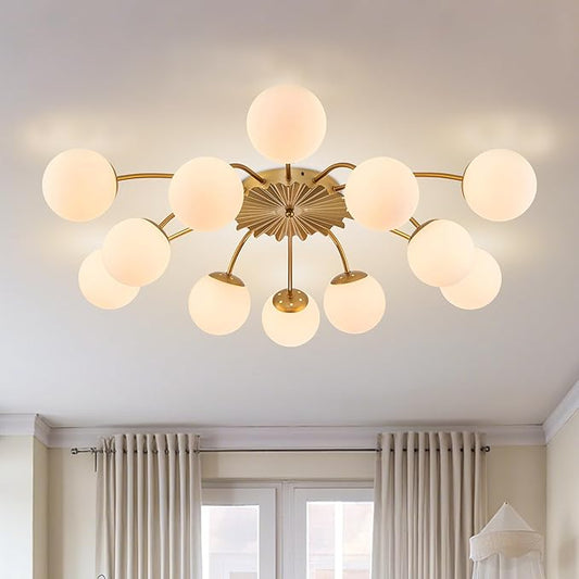 Longree 12-Light Gold and White Sputnik Chandelier Flush Mount Ceiling Lights with Blossom Accent, Mid Century Opal Glass Bubble Starburst Light Fixture for Dining Living Entry Room