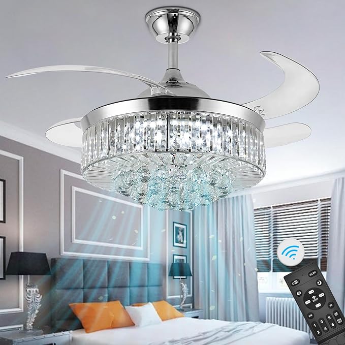 36" Invisible Ceiling Fan Chandelier Light,Modern Crystal Ceiling Fan Light Remote Control 4 Retractable ABS Blades for Bedroom Living Room Dining Room Decoration (Silver)