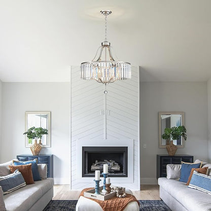 Modern Crystal Chandeliers Round 6-Light Large Brushed Nickel Pendant Lighting Fixture for Dining Room Living Room Kitchen Island Bedroom Hallway 21.7" Adjustable Height Hanging Lamp