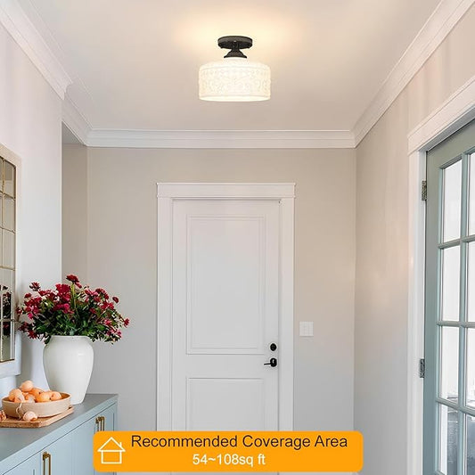 Daunton Artistic Black Handcrafted Semi Flush Mount Ceiling Light - 9.45 Inch Vintage White Glass Shade with Etched Patterns, Easy Install, Small Ceiling Light Fixture for Hallway, Kitchen, Bedroom