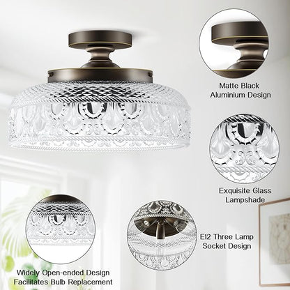 Lamomo Semi Flush Mount Ceiling Light,Upgraded Larger 12 Inch Bronze Hallway Light Fixture,3 Light Globe Glass Close to Ceiling Scone, Indoor Hanging Light for Bedroom Kitchen Porch Hallway