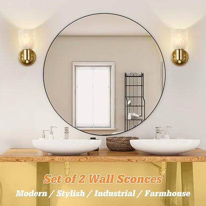 EJIAXIN Wall Sconces Set of 2, Gold Vanity Lights for Bathroom, Modern Wall Light Fixtures with Rotary Switch, Wall Mount Light with Frosted Glass, Farmhouse Lamp for Bedroom Living Room