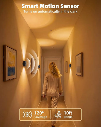 EZVALO Motion Sensor Wall Sconce with Remote, 4000mAh Rechargeable Battery Operated Wall Light, 3 CCT & 12 RGB Colors, Up & Down LED Lighting for Hallway, Stairway (Black, 1 Pack)