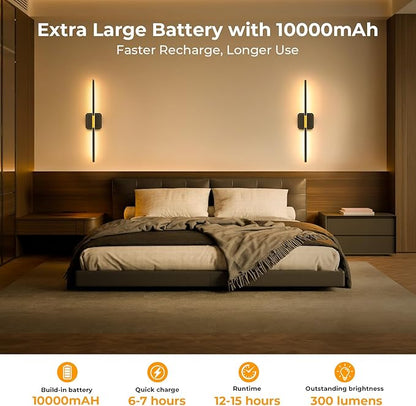 GvvooHome Battery Operated Wall Sconces Set of 2, Detachable 360°Rotate Wall Lamps, 3000-6500K Dimmable with Remote Control, 10000mAh Rechargeable Wall Light for Bedroom, Living Room, 28.3" Black Gold
