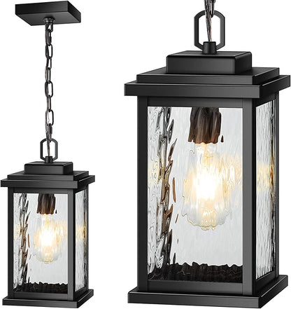 VIANIS Large Anti-Rust Outdoor Chandelier with Adjustable Wire, Black Pendant Light with Water Glass for Porch, Garden,Garage, Easy-to-Install Outdoor Hanging Lantern Suiting for Sloped Ceiling