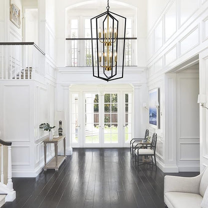 Lanhall 8-Light Lantern Tired Farmhouse Ceiling Hanging Light Black Chandelier Metal Modern Pendant Light Fixtures for Kitchen Island Dining Room Living Room Foyer Entryway-Brushed Brass