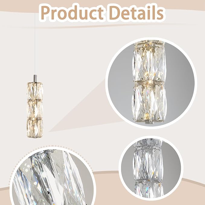 ykolupty Pendant Lights Kitchen Island 3-Lights Silver Crystal Chandelier for Dining Room Hallway Stairwell,LED Dimmable 2700K-6000K