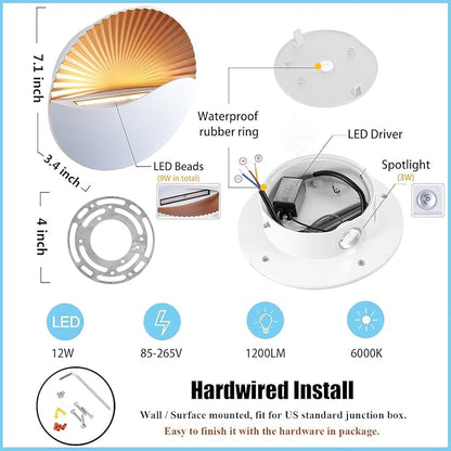 Kawell Modern Creative 12W LED Wall Sconce Waterproof Wall Light Indoor Outdoor Wall Lamp Sunrise Effect Art Deco for Bedroom Living Room Bathroom Cafe Lounge Corridor Stairs,White 3000K