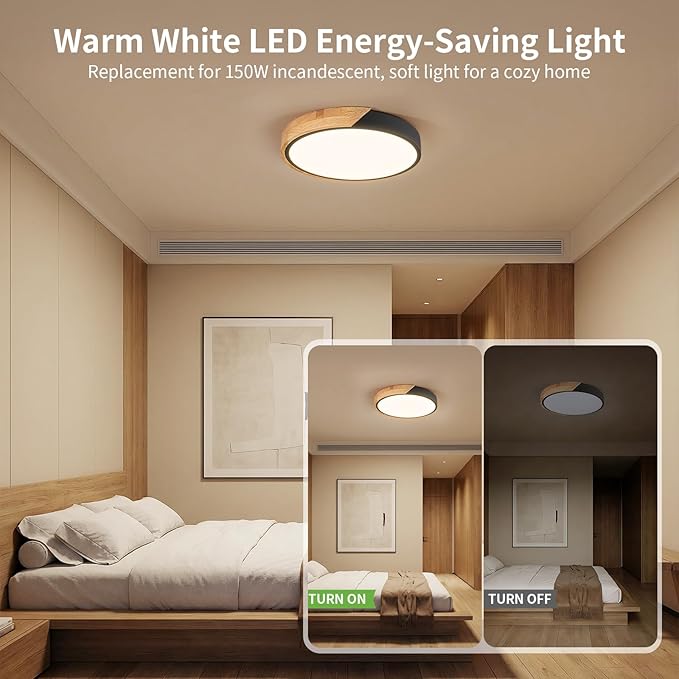 Modern LED Ceiling Light for Bedroom: Wood Flush Mount Light Fixture with Acrylic Lampshade - 3000K Not Dimmable Black Overhead Ceiling Lamps for Kitchen Hallway Living Room (11.8" 2 Pack)