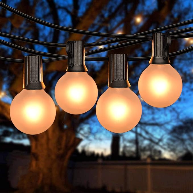 SUNSGNE 25Ft Outdoor Patio String Lights G40 with 27 Frosted White Globe Bulbs, Waterproof Connectable Hanging String Lights for Backyard Porch Balcony Party Christmas Decor, 5 Watt, Black Wire