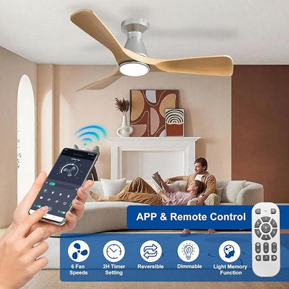 DLLT 42-Inch Ceiling Fans with Lights: Flush Mount Ceiling Fan 3 Blades for Indoor Outdoor - Dimmable Ceiling Fan with Remote APP Control Quiet DC Motor for Low Profile Bedroom
