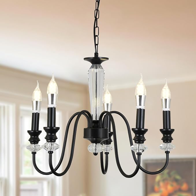 Black Chandelier, 5-Light Farmhouse Candle Chandelier for Living Room, Rustic Industrial Pendant Chandeliers for Dining Room, Vintage Crystal Hanging Light fixture for Hallway Kitchen Foyer E12