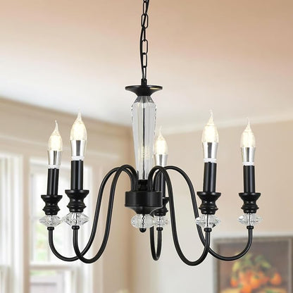 Black Chandelier, 5-Light Farmhouse Candle Chandelier for Living Room, Rustic Industrial Pendant Chandeliers for Dining Room, Vintage Crystal Hanging Light fixture for Hallway Kitchen Foyer E12