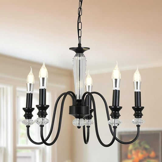 Black Chandelier, 5-Light Farmhouse Candle Chandelier for Living Room, Rustic Industrial Pendant Chandeliers for Dining Room, Vintage Crystal Hanging Light fixture for Hallway Kitchen Foyer E12