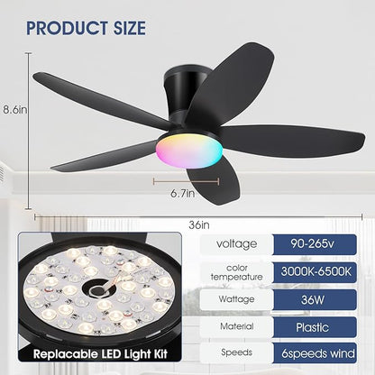 Surtime Flush Mount RGB Ceiling Fans with Lights-36 Low Profile Ceiling Fan with Light and Remote/APP Control,DC Reversible,LED Dimmable Blakc Ceiling Fans for Bedroom,Indoor/Outdoor Patio Use