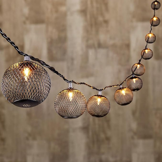 Decorative Lantern String Lights Plug in with 10 Black Metal Ball, Connectable Waterproof Outdoor Decorative String Lights Indoor for Bedroom Patio Pergola Decor