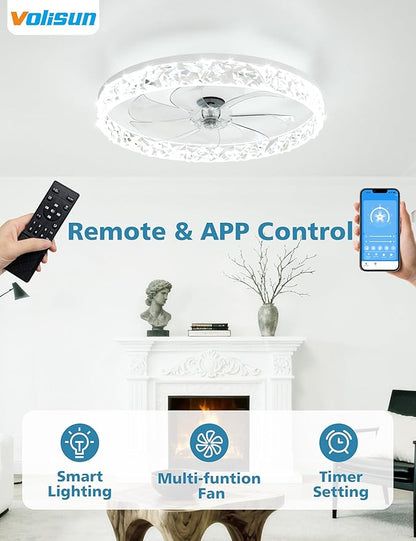 VOLISUN Low Profile Ceiling Fan with Lights and Remote, 20in Modern Ceiling Fans Flush Mount, 3000K-6500K Dimmable Bladeless LED Fan Light, White Fandelier Ceiling Fans with Lights for Bedroom
