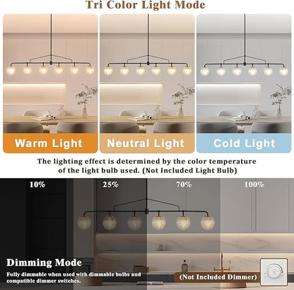 Modern Linear Chandelier Black and Gold Chandelier Dining Room Light Fixture 6 Lights Linear Pendant Light with Seedes Glass Globe Shade for Farmhouse Island Over Tble, Length 51.58 Inch