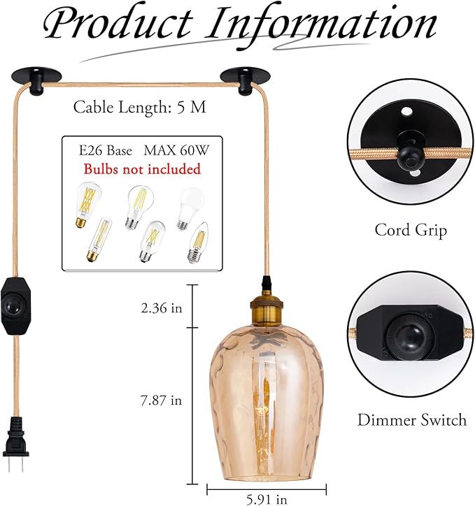 Amber Plug in Pendant Light with Plug in Cord 16.4FT Cord Hand Blown Glass Hanging Lamp with Dimmable Switch E26 Plug in Ceiling Light Fixture for Dining Room Living Room Bar (Bulb not Included)