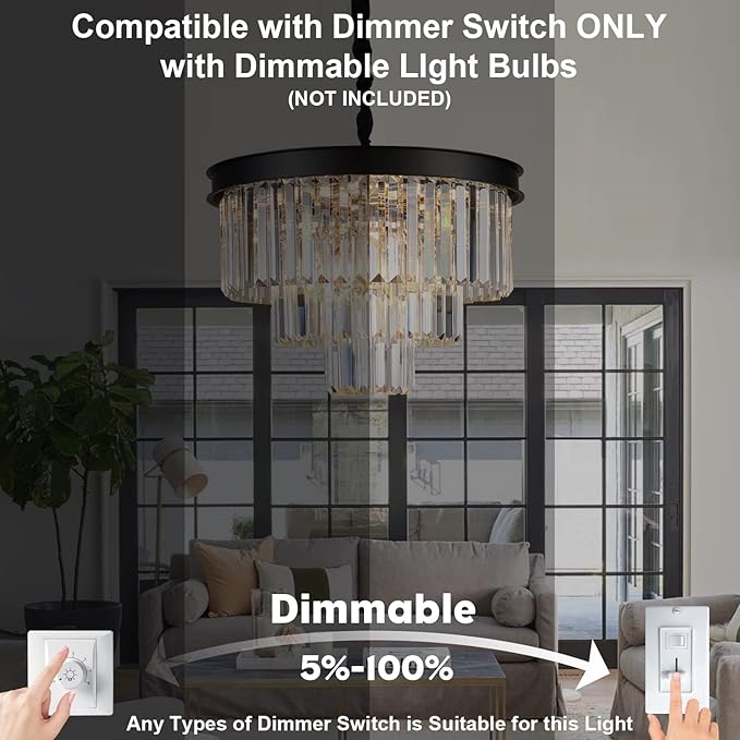 A AXILIXI Black Crystal Chandeliers Modern Round Chandeliers 20" Dimmable 9 Lights Ceiling Pendant Light Fixtures 3 Tiers Luxury Raindrop for Living Room Dining Room Bedroom Foyer