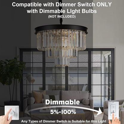 A AXILIXI Black Crystal Chandeliers Modern Round Chandeliers 20" Dimmable 9 Lights Ceiling Pendant Light Fixtures 3 Tiers Luxury Raindrop for Living Room Dining Room Bedroom Foyer