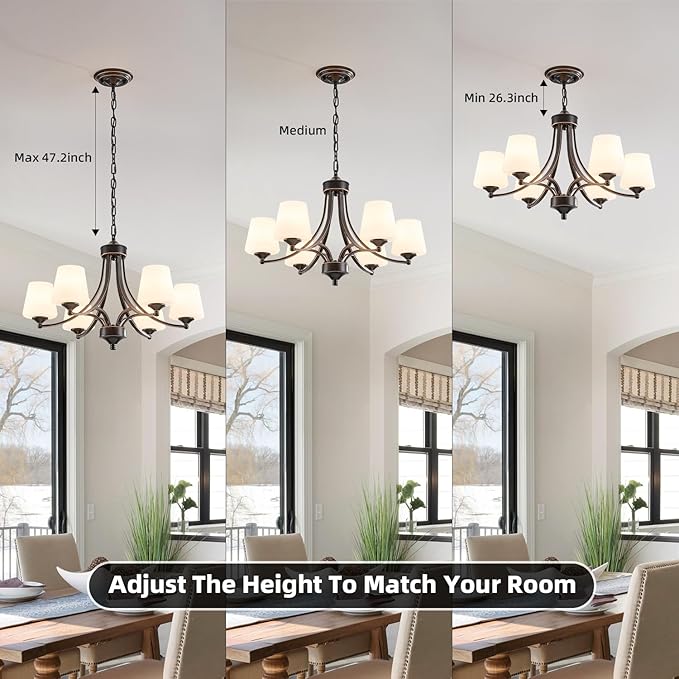 6-Light Farmhouse Chandeliers Black and Gold Dinner Room Light with Frosted Glass 47.2" Adjustable Pendant Ceilling Lighting Rustic Vintage Hanging Lamp for Kitchen Island Dining Table Living Room