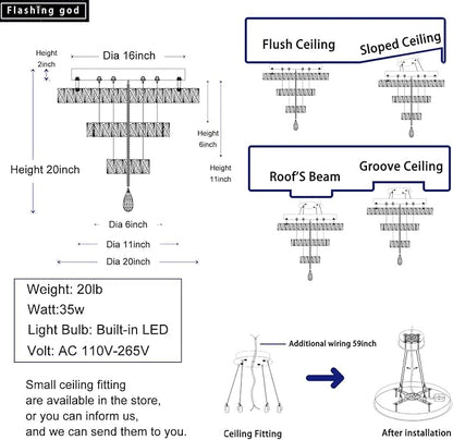 Flashing God Dia 20" Flush Mount Chandeliers Silver Modern Living Room Chandelier LED Crystal Ceiling Light 2 Rings Pendant Light Crystal Chandeliers for Bedroom Dining Room Entryway