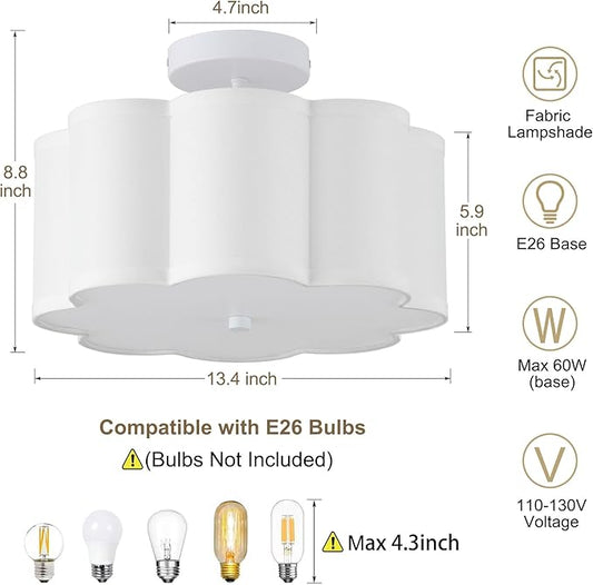 13.3"Semi Flush Mount Ceiling Light Fixture, 3-Light Modern Close to Ceiling Light With Fabric Flower-Shaped Shade, Light Fixtures Ceiling Mount for Bedroom Nursery Kids Room Living Room(White)