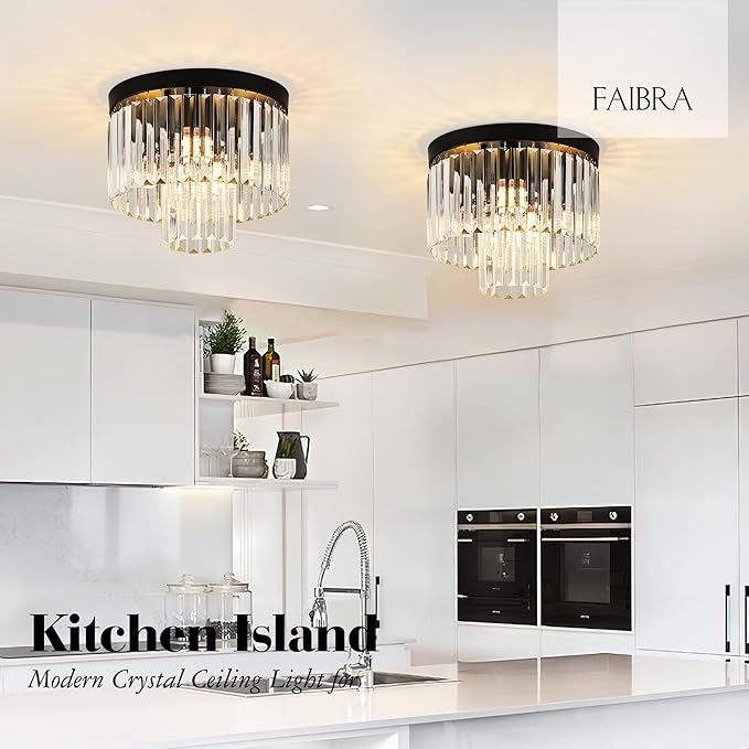12.6" Black Crystal Ceiling Light 4-Light Modern Fixture 2-Tier Luxury K9 Crystal, for Dining Room Kitchen Island Living Room Bedroom