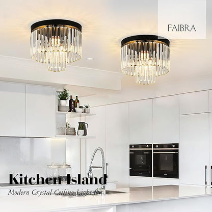12.6" Black Crystal Ceiling Light 4-Light Modern Fixture 2-Tier Luxury K9 Crystal, for Dining Room Kitchen Island Living Room Bedroom