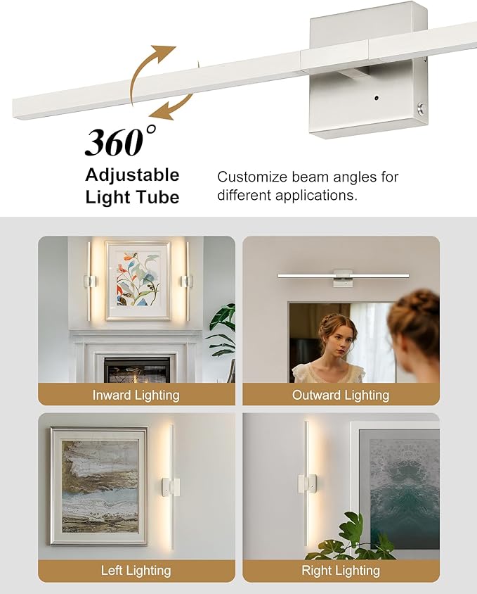 Rayogale Rechargeable Battery Operated Wall Sconce Set of Two, 24 Inch, Cordless, 3000K/4500K/6000K, Dimmable, Timer, Remote, Touch Control, USB-C Charging, 360° Rotation for Living Room Sand Nickel