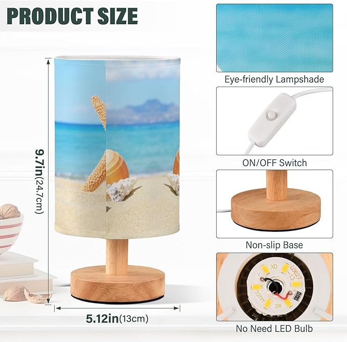 Table Lamp Ocean Beach Starfish Seashell Stone Blue Sky Nightstand Lamp with Wood Base Fabric Lamp Shade Bedside Desk Lamp for Living Room Bedroom Kids Room Office